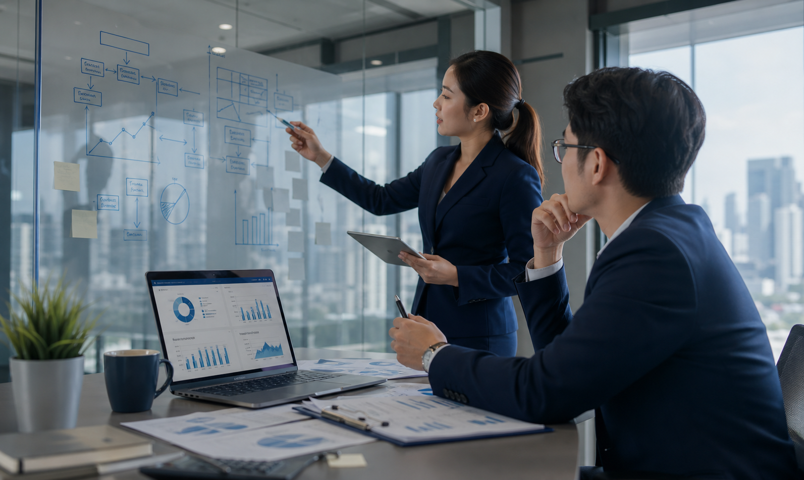 Consultants analyzing risk and process dashboard